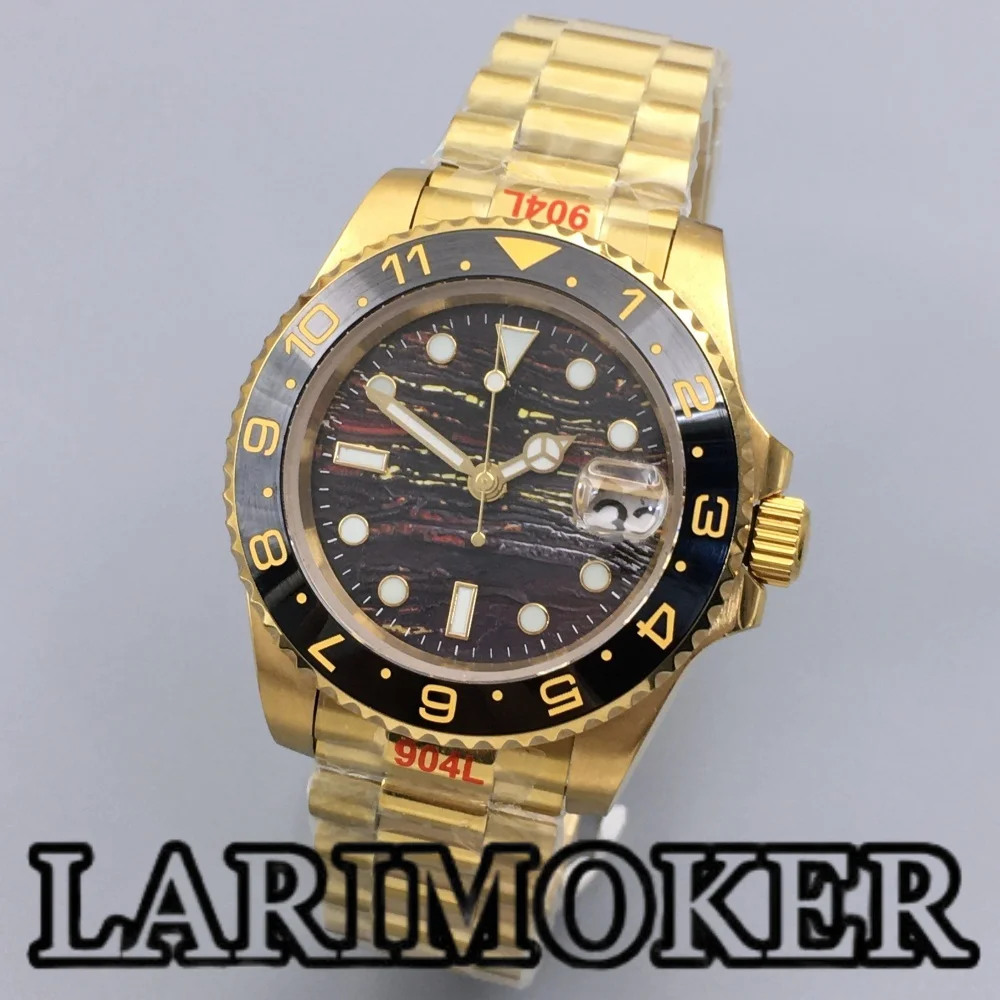 LARIMOKER 41MM Gold Men's Mechanical Watch NH35 Sapphire Glass Ceramic Bezel Meteorite Texture Luminous Dial Waterproof Watch