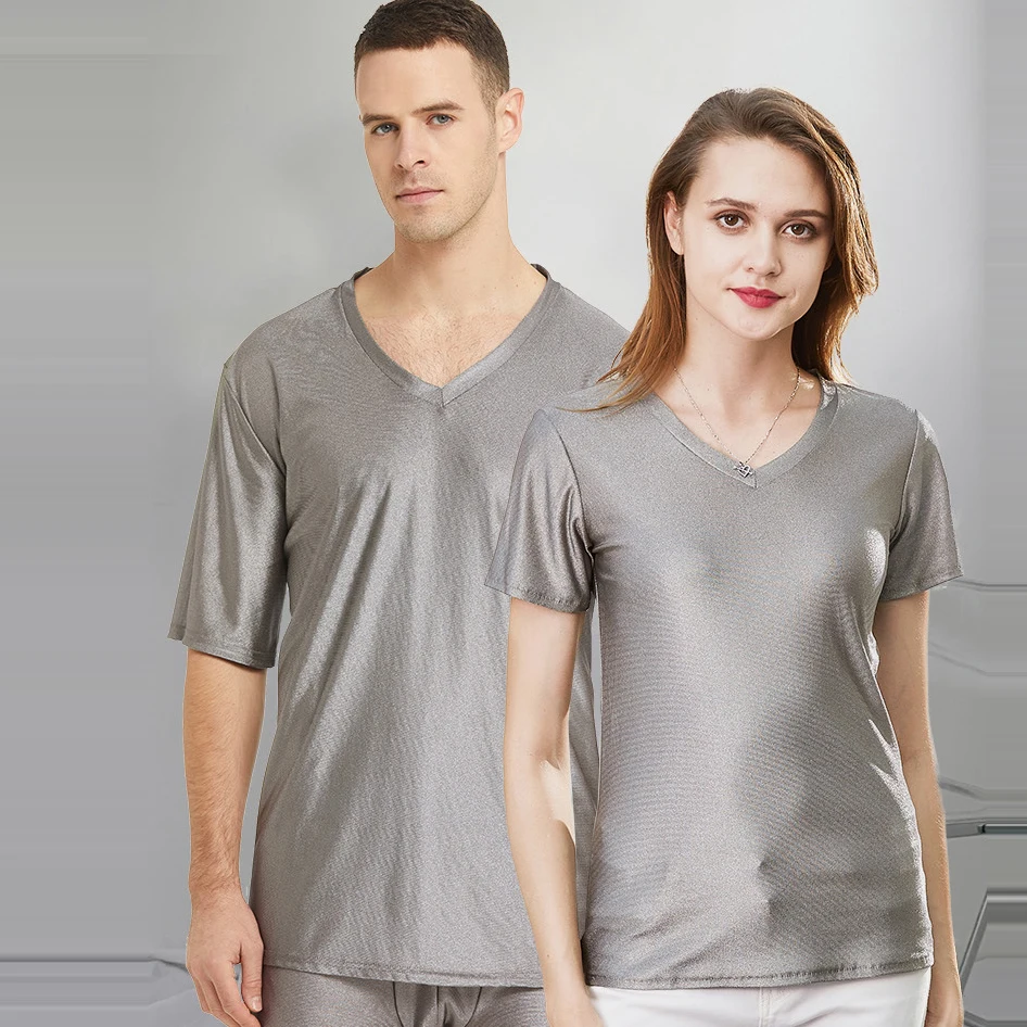 Health Protection Conductive Silver Fiber T-shirt Antibacterial EMF/RF Blocking Short-sleeve Shirt Anti-radiation Stretchy