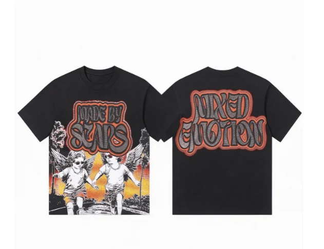 2026new tee with retro sunset angel portrait orange-black gothic font prints on front back washed black base unisex loose street