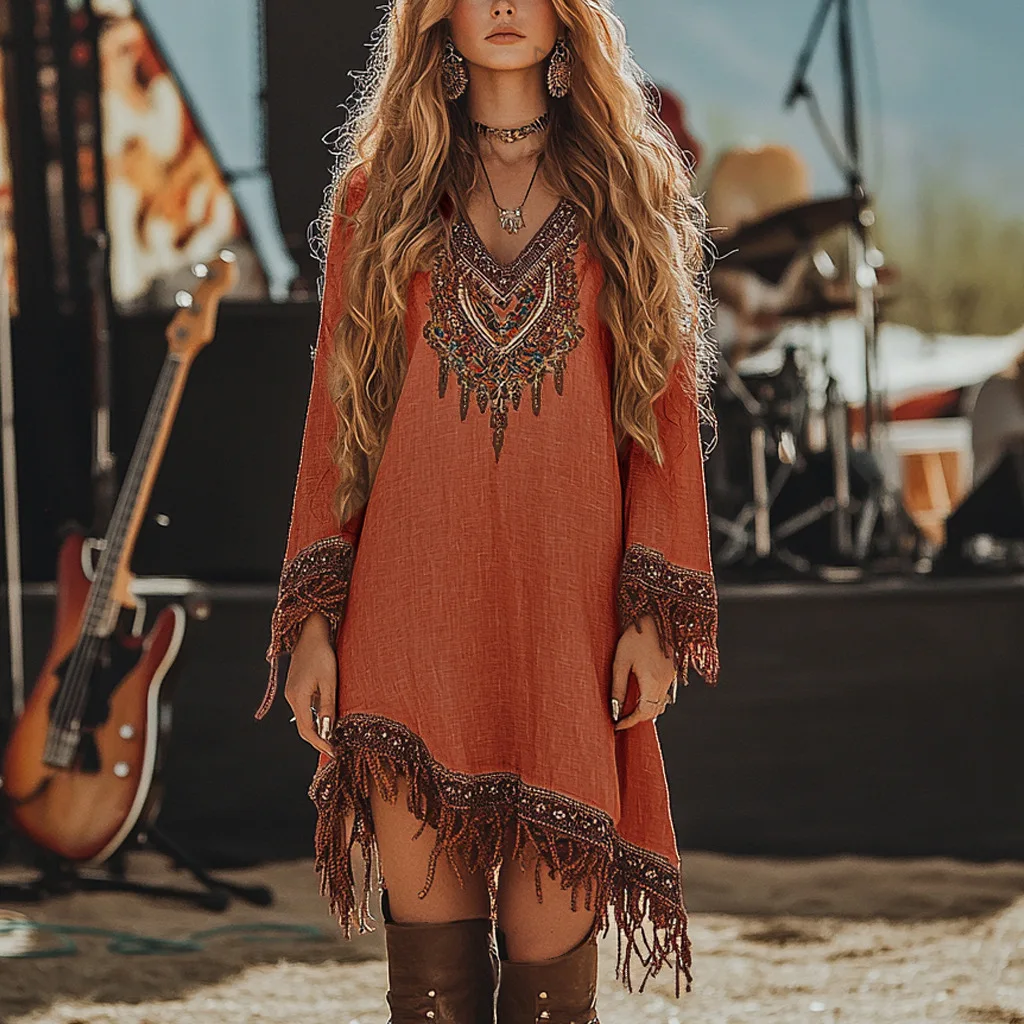 Boho Embroidered Tassel Dress V Neck Long Sleeve Asymmetric Hem Mini Dress with Multiple Colors for Festival and Casual