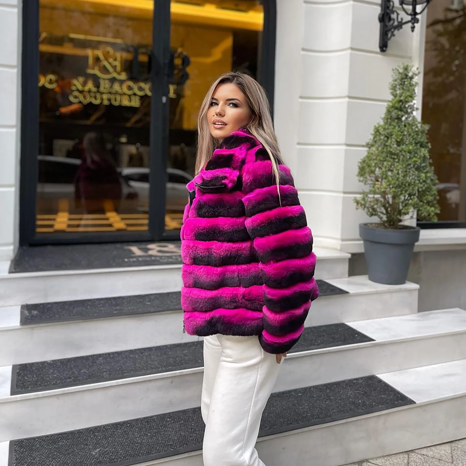 Fashion Winter Women Real Rex Rabbit Fur Coat with Turn-down Collar Fashion Woman Genuine Rex Rabbit Fur Coats Chinchilla Color