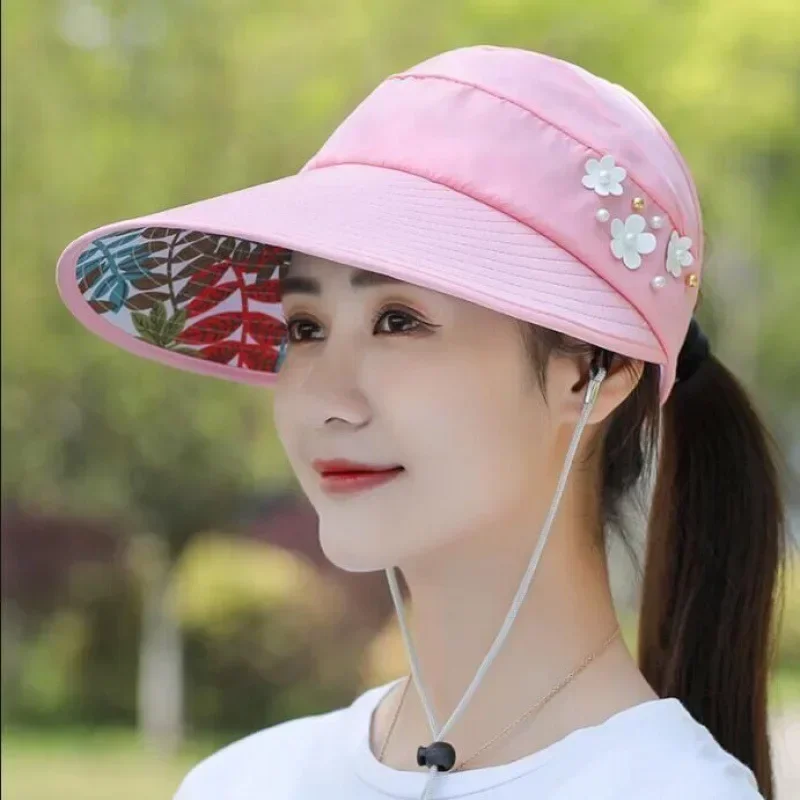 Trendy Beaded Flower Decor Visor Hat for Women and Girls - Foldable, UV Protection, Perfect for Summer Outdoor Activities