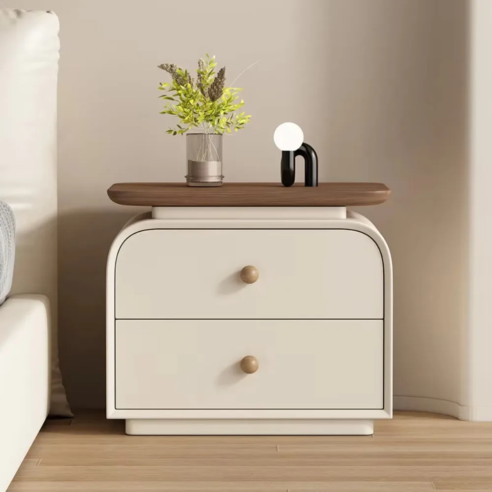 Vintage Cream Solid Wood Nightstand Italian Minimalist Multifunctional Bedroom Furniture 2-Drawer Storage Small No-Installation