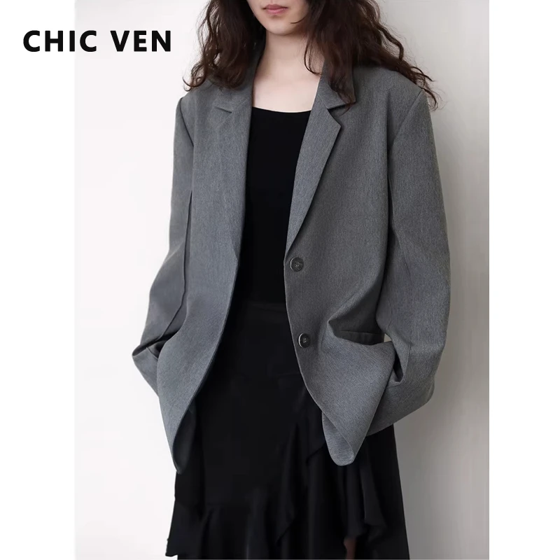 

CHIC VEN Korean Women Blazers Solid Single-breasted Loose Casual Office Ladies Oversized Coat Spring Autumn 2026 Outwear