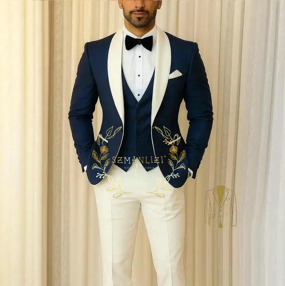 

Navy Blue Men Suit Formal Occasion Groom Groomsman Wedding Party Prom Male Tuxedos 3 Piece Set Blazer Vest Pants