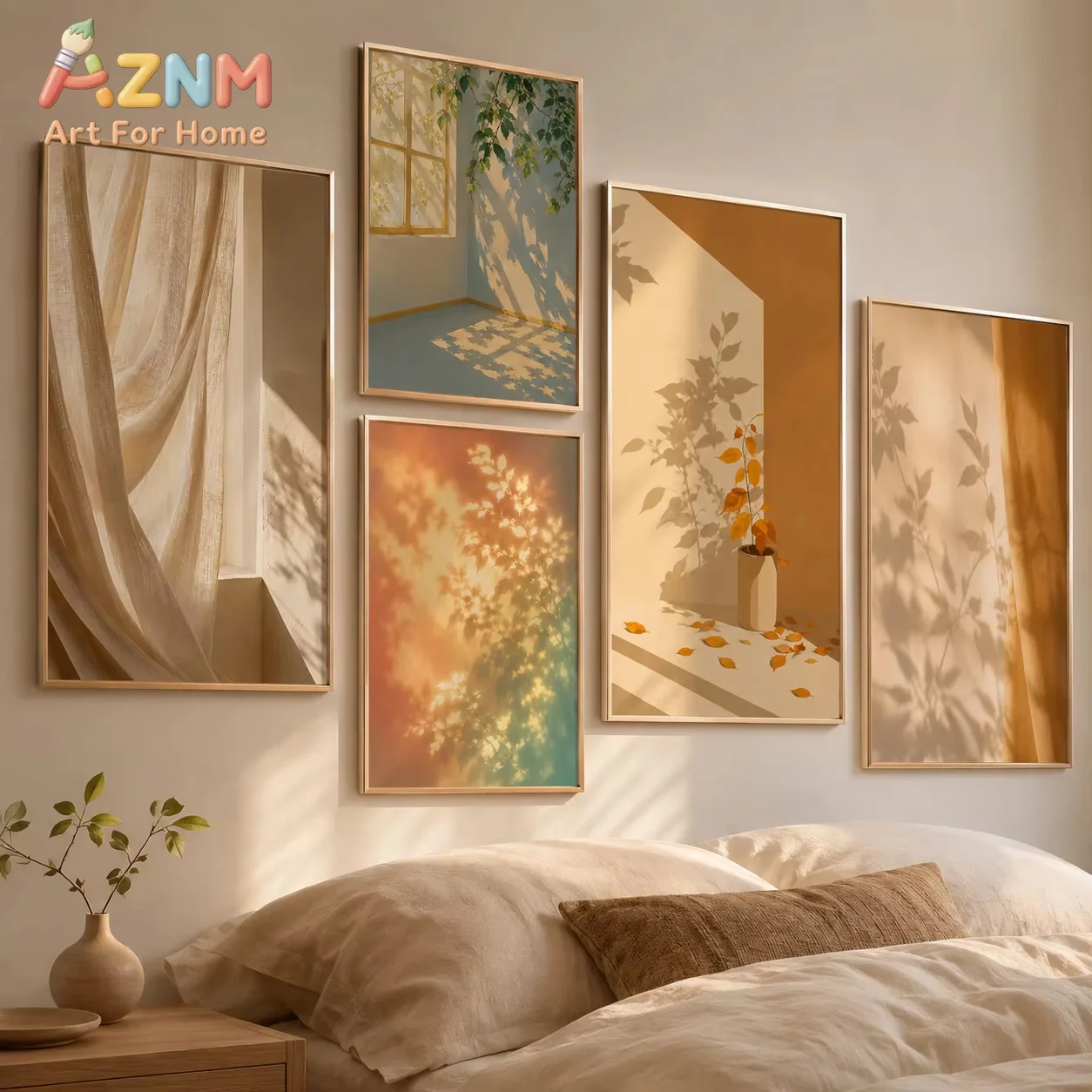 Warm Sunlight Leaf Shadow Canvas Gallery Wall Prints Curtain Window Plant Silhouette Boho Minimalist Bedroom Home Decor Gift