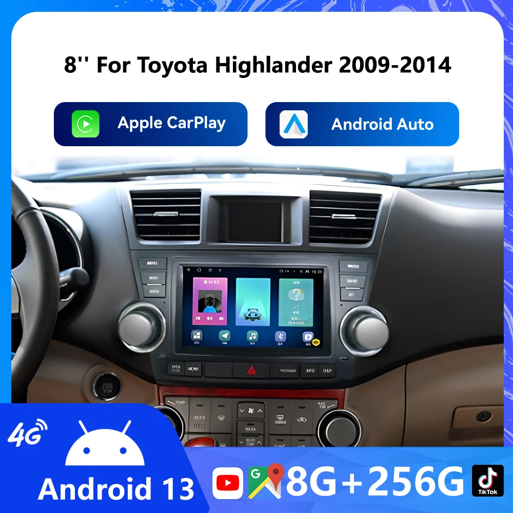 Android 13 Car Radio For Toyota Highlander 2009 2010-2014 Carplay Auto GPS BT Navigation DSP 360 Camera DVD Video Stereo WIFI