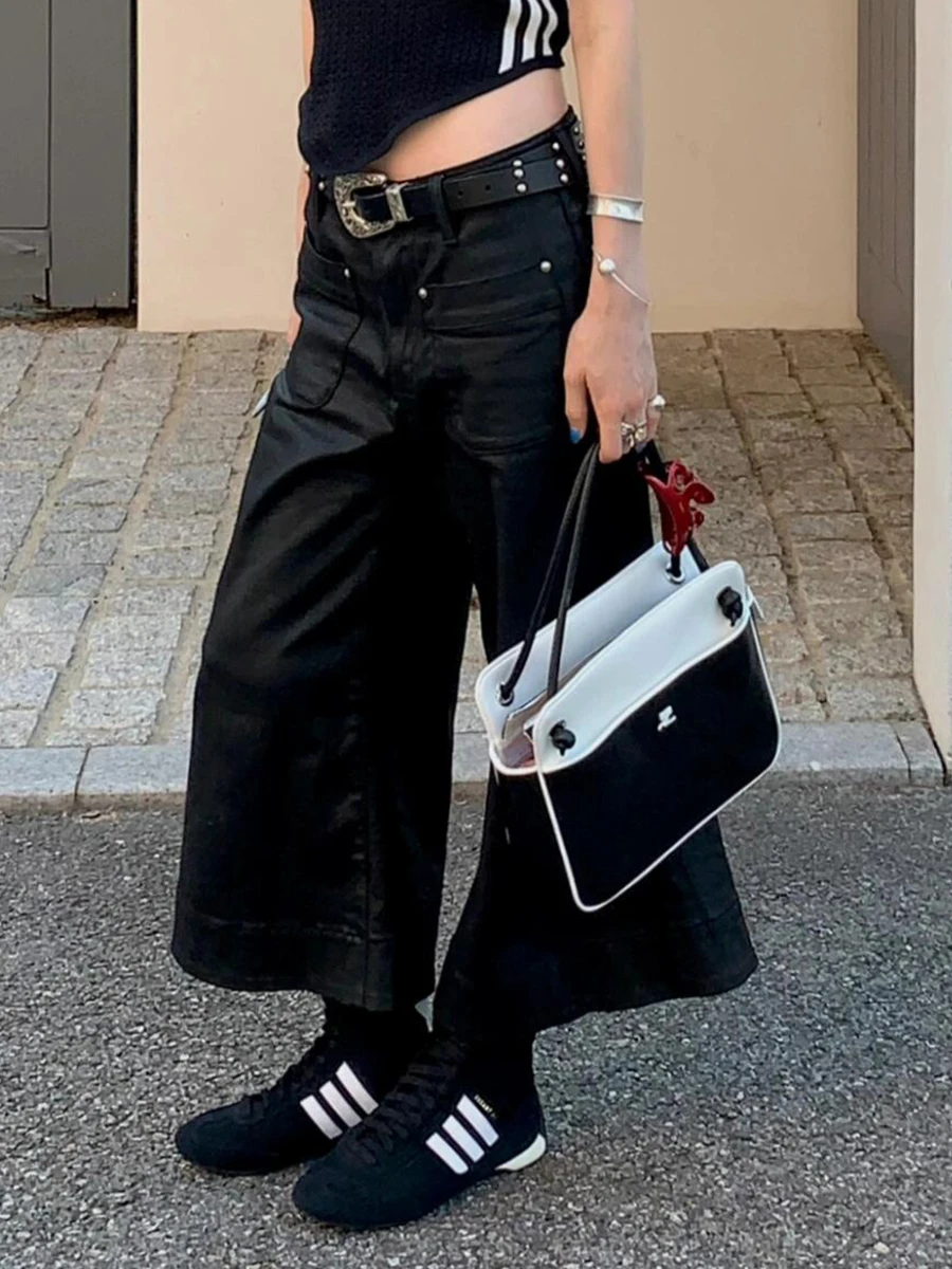 PBAP Cleanfit Women Solid Black Bootcut Jeans Jorts Retro Spliced Pockets Wide Leg Wax Coated Denim Short Pants Punk Streetwear