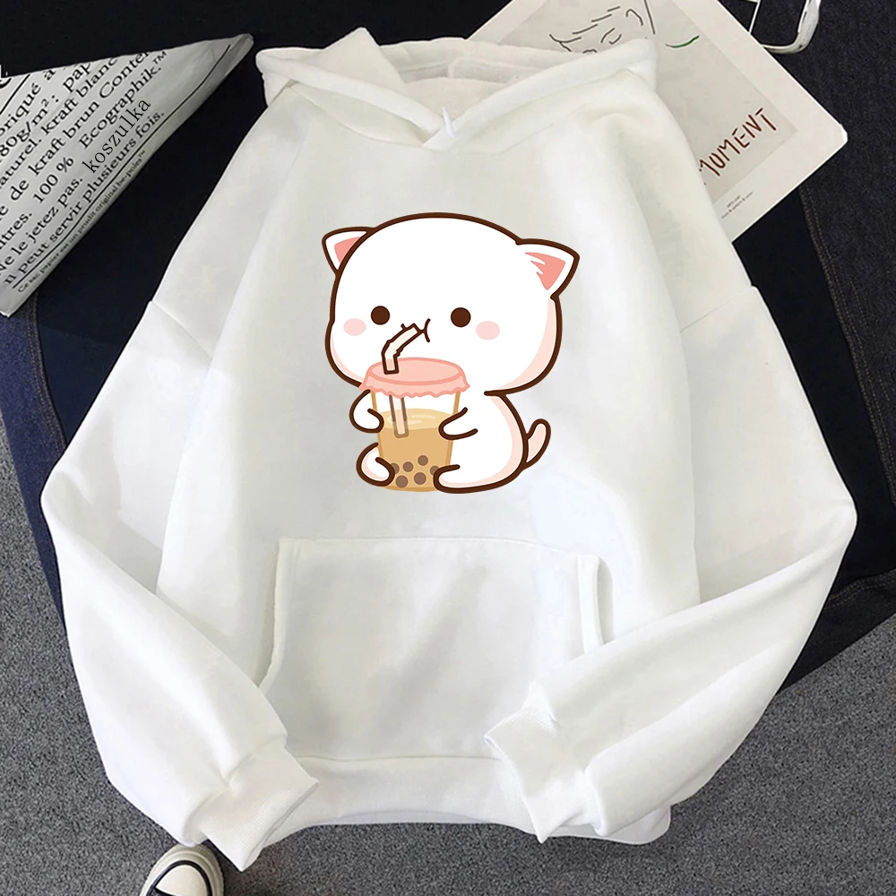 

Women's Hoodie Peach And Rubber cartoon hoodies girl Kawaii Cat Drink Milk Tea Sweatshirt Autumn Winter Pullover hooded Unisex