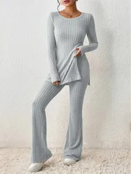 Pit Stripe Knitted Flare Pant Set Slim Long Sleeve Pullover T-shirts Two Piece Set For Women Solid Simple Sweatershirt Suit Home