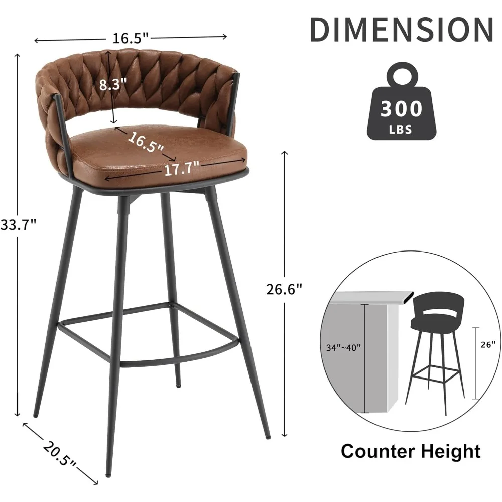 Café Chairs , 180° Swivel Suede Fabric Stool Chairs with Woven Back and Footrest for Kitchen Island, Cafe, Pub,  Café Chairs