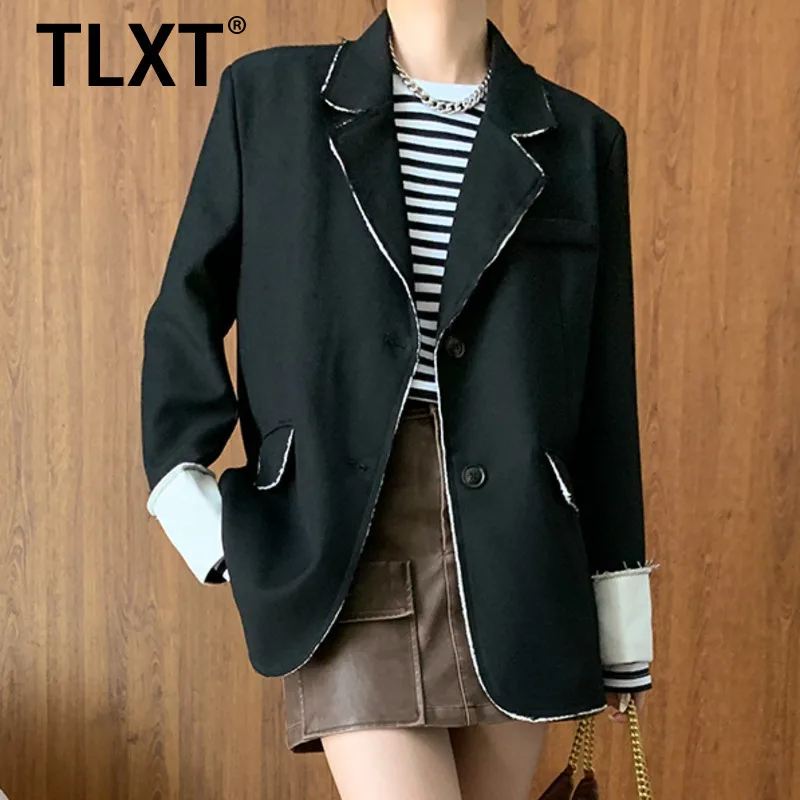 

TLXT Burr Edge контрастного цвета, женские пиджаки с зубцами, однобортные модные куртки с длинными рукавами, осень 2021, новинка XK1013