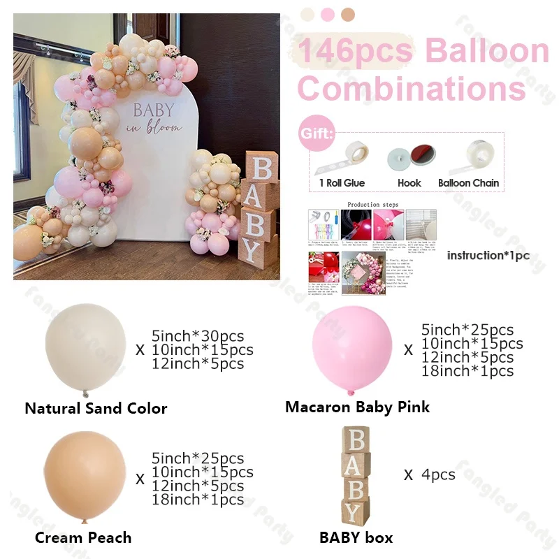 

142/146pcs Boho Blush Baby Shower Balloon Garland Cream Peach Sand Balloons with BABY Blocks DIY Party Decor for Gender Reveal