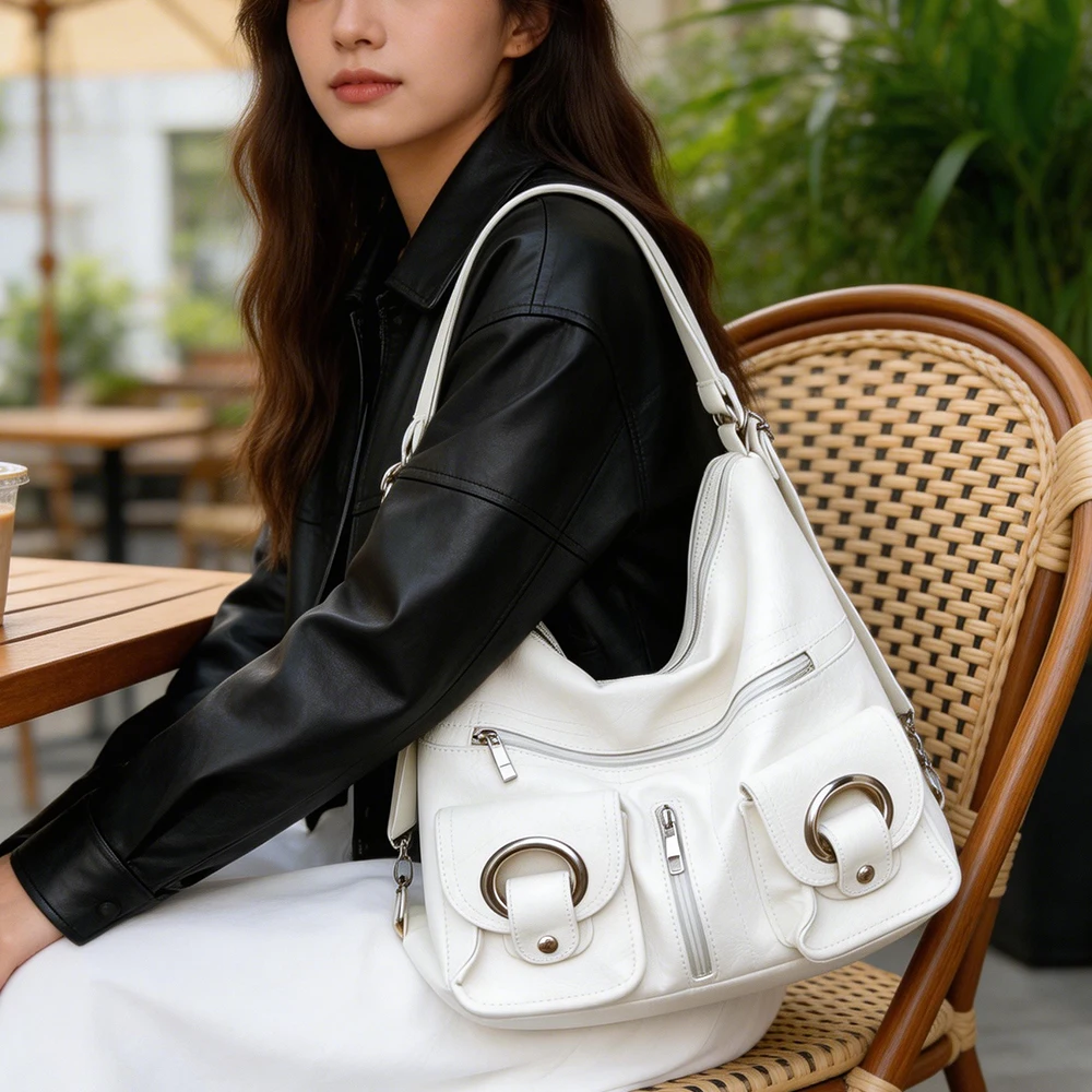 

Women White Shoulder Bag Large Capacity Crossbody Bag Soft PU Leather Hobo Bag Multi-pocket School Bag Travel Messenger Tote