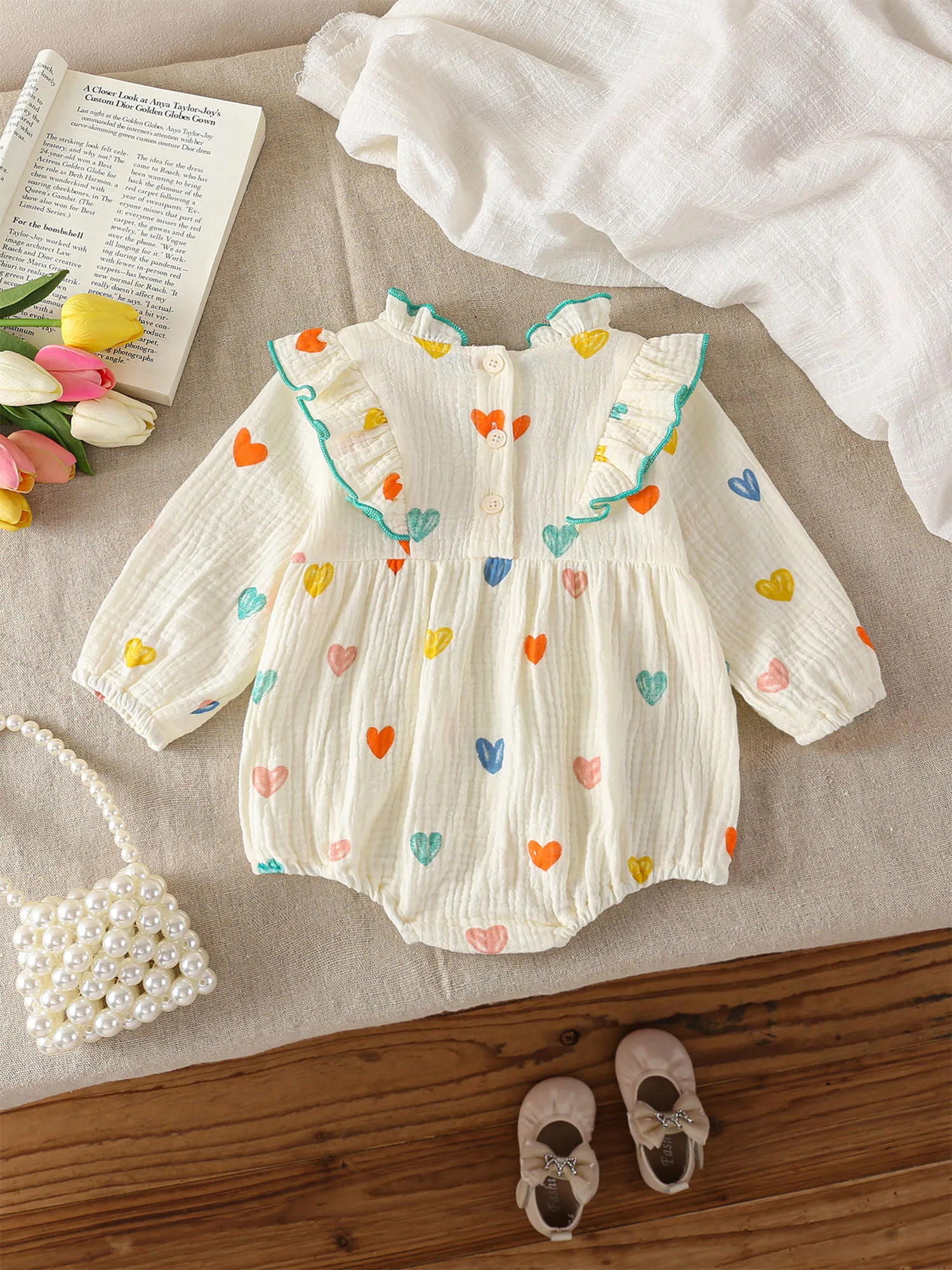 Peleles de algodón para niñas recién nacidas, mono informal con estampado Floral de corazón y manga larga con volantes, ropa de vacaciones para niños
