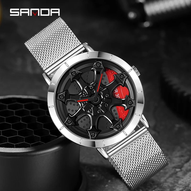 

SANDA 1078 2023 New Design Men Sports Car Watches 30m Waterproof Rim Hub Wheel Quartz Men's Fashion Wristwatch Relogio Masculino