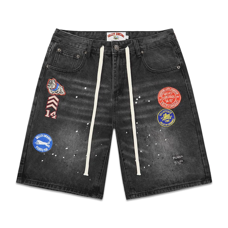 2026 New VALLEY DREAMS Unisex Distressed Denim Shorts Embroidered Patches Drawstring Loose Street Jorts
