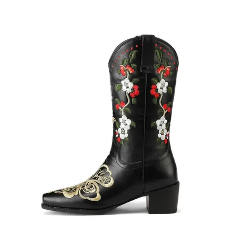 2024 Women\'s Autumn and Winter Thick High Heels Square Toe Sleeve Boots European and American Retro Embroidered Short Boots