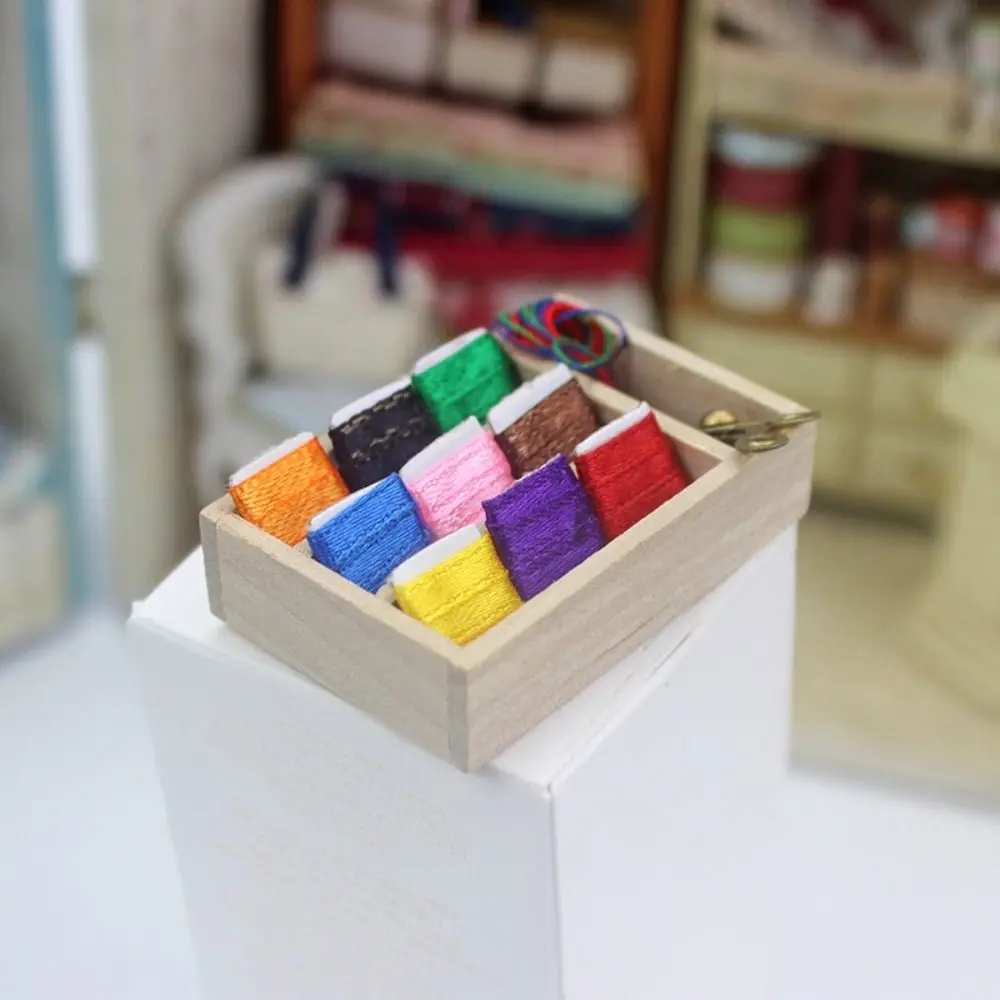 Wood Miniature Wooden Sewing Box Small Ornaments Artificial Simulation Sewing Model Toy 1:12 Craft Mini Sewing Box Model
