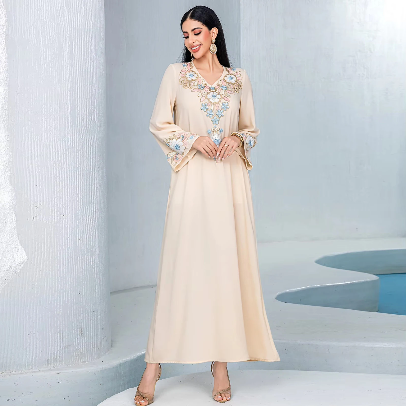 Abaya-Robe de soirée en mousseline de soie pour femmes musulmanes, vêtements islamiques, caftan marocain, robe du Ramadan, robe arabe, broderie de Dubaï, UNI, 2025