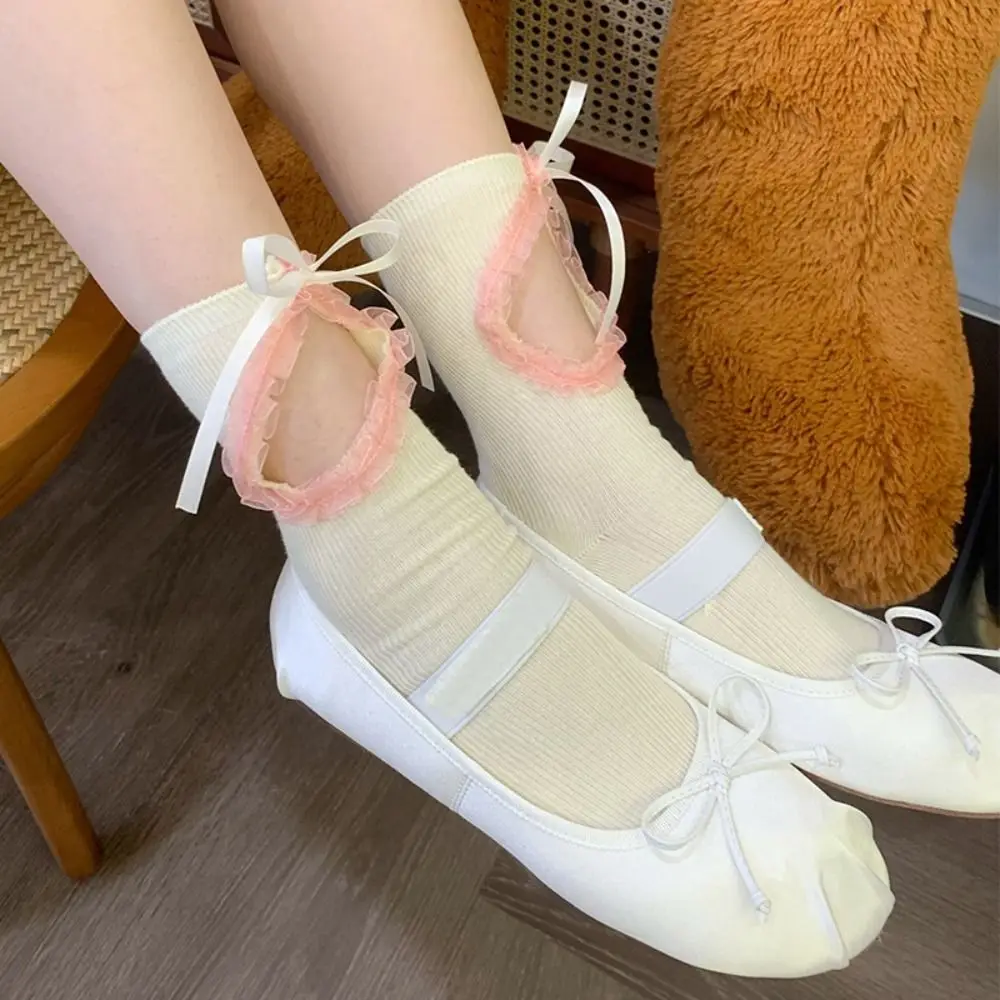 

Fashion Cotton Sweet Socks Women Hollow Out Pile Up Ballet Bowknot Socks Hosiery Lace-up Lolita Ruffle Socks Women