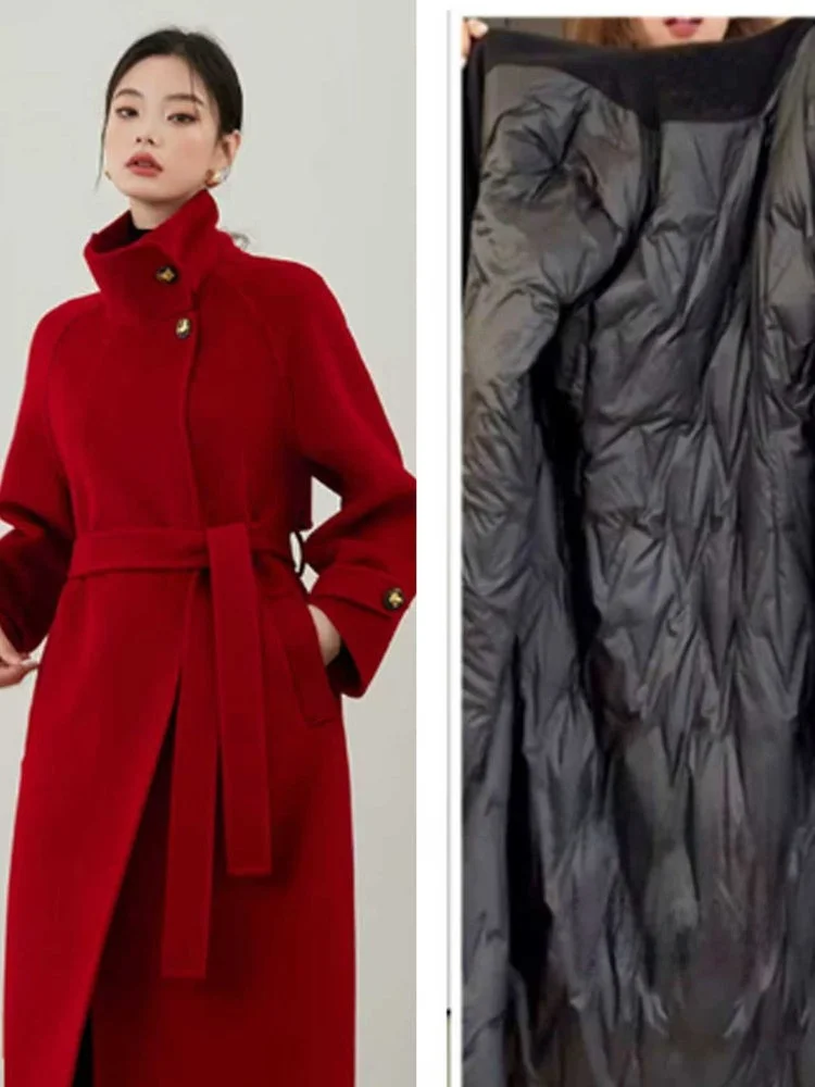 

Ele Red Woolen Coat with Stand Collar And White Du down Filling for Women Winter New Arrival Knee-Length Faion Outerwear