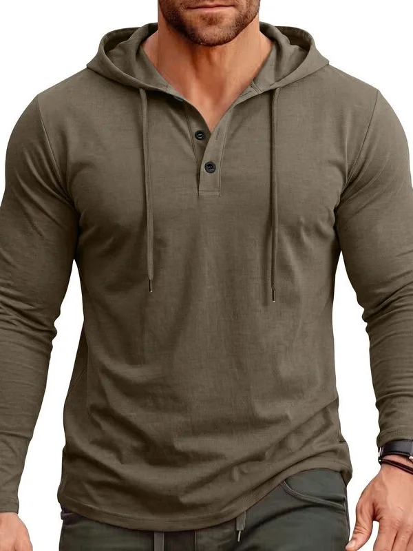 Men's Hooded Drawstring Long Sleeve Shirt Skin-friendly Breathable Polyester Youth Fashion Summer  Color T-shirt