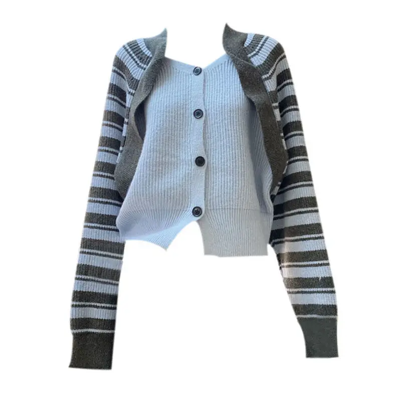 Fake Two Pieces Contrast Color Striped Patchwork Women Knitted Cardigan Aesthetic Sweet Grunge Fashion All Match Jumpers