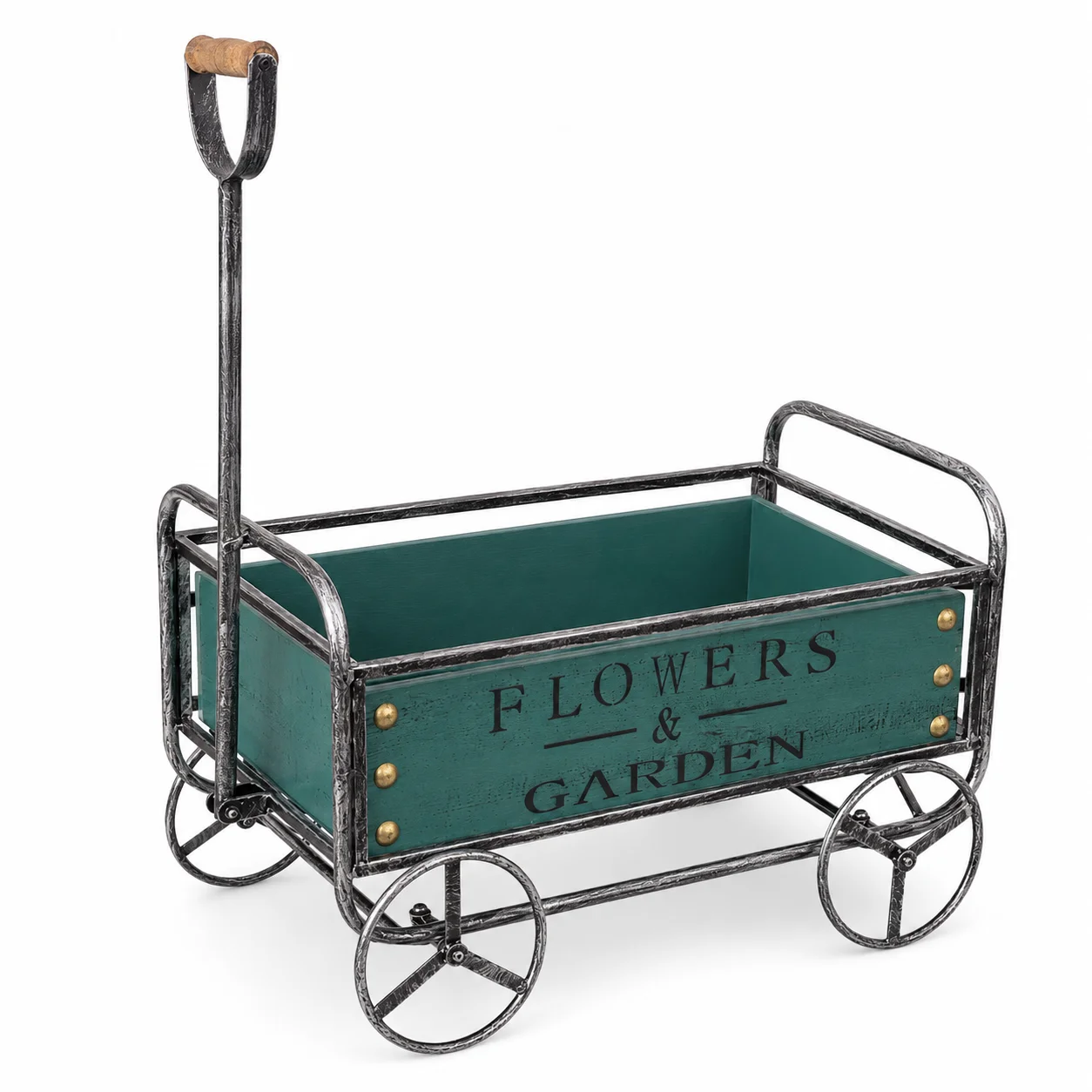 Vintage Garden Cart Planter with Rotating Wheels, Distressed Iron and Wood Flower Wagon, Detachable Rustic Plant Display for Pat