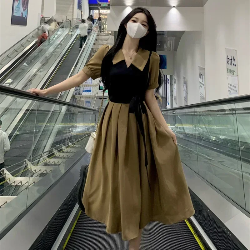 여름 여성 데일리 슬림핏 루슈 드레스 여성 다용도 새틴 의상 미디 드레스 여성스러운 정장 행사 타이업 드레스