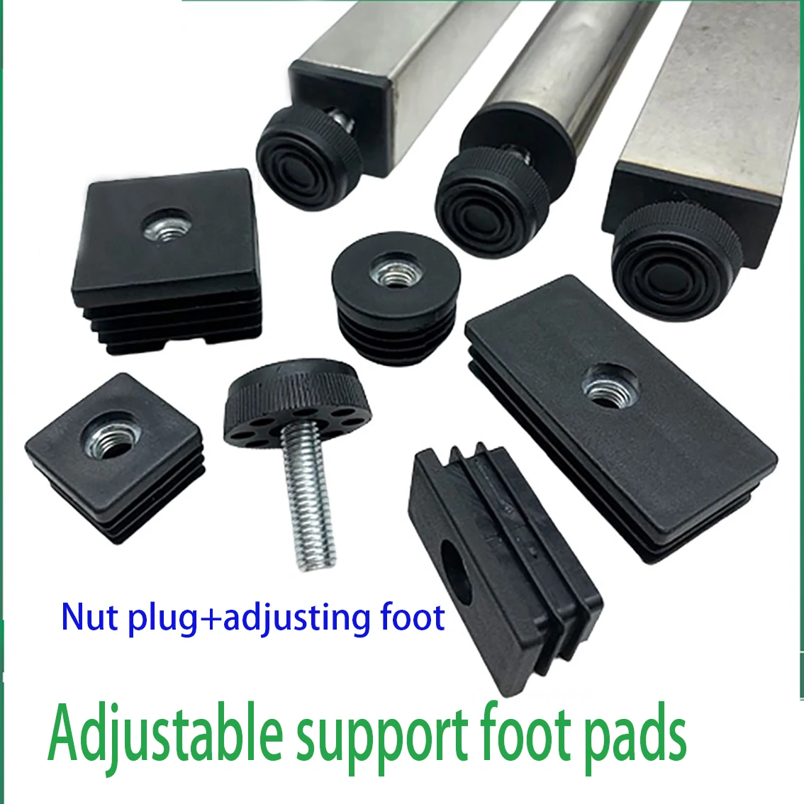 1PCS Of M8 * 30mm Adjustable Foot Pads With Nuts Pipe Plugs Black Square Furniture Shelves Height Adjustable Foot Cups