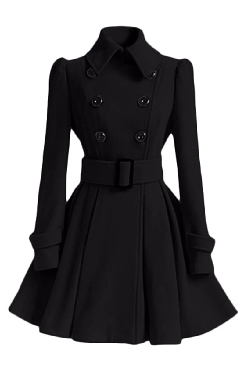 Elegant Double-Breasted Slim Woolen Coat with Belt for Women A-line Loose Hem Tight Waist Turn-down Collar Lady Dress Jackets