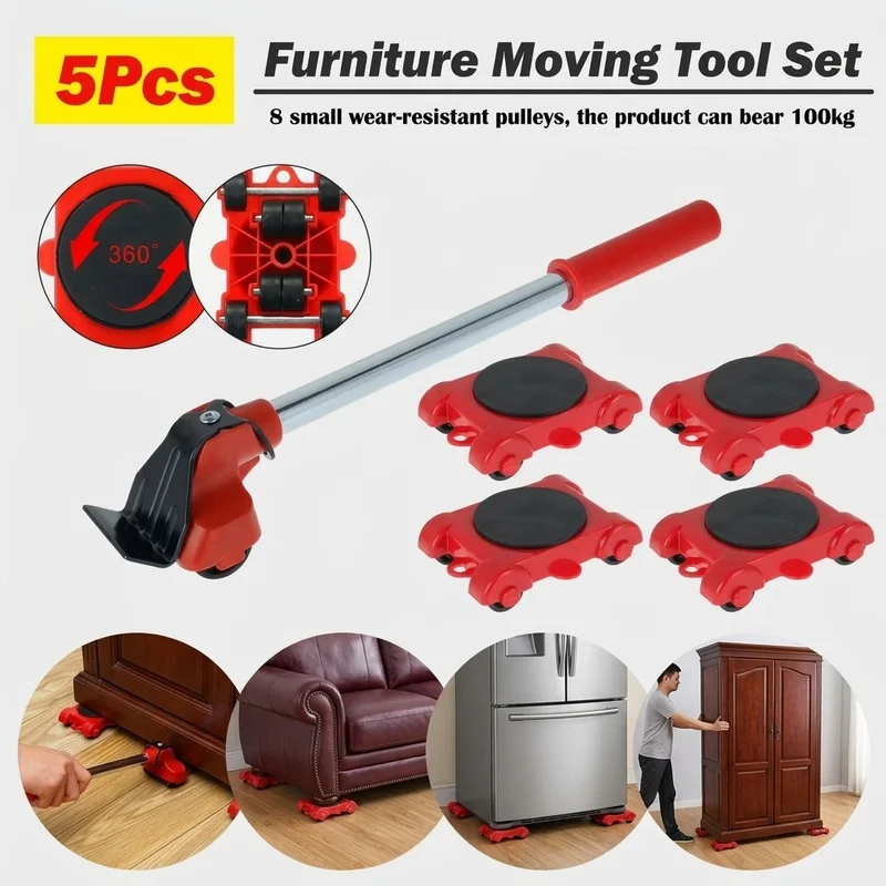 5Pcs Heavy Duty Furniture Lifter Mover, 4 Wheel Rollers with Lifting Bar, Furniture Transport Tool for Home Appliance Moving