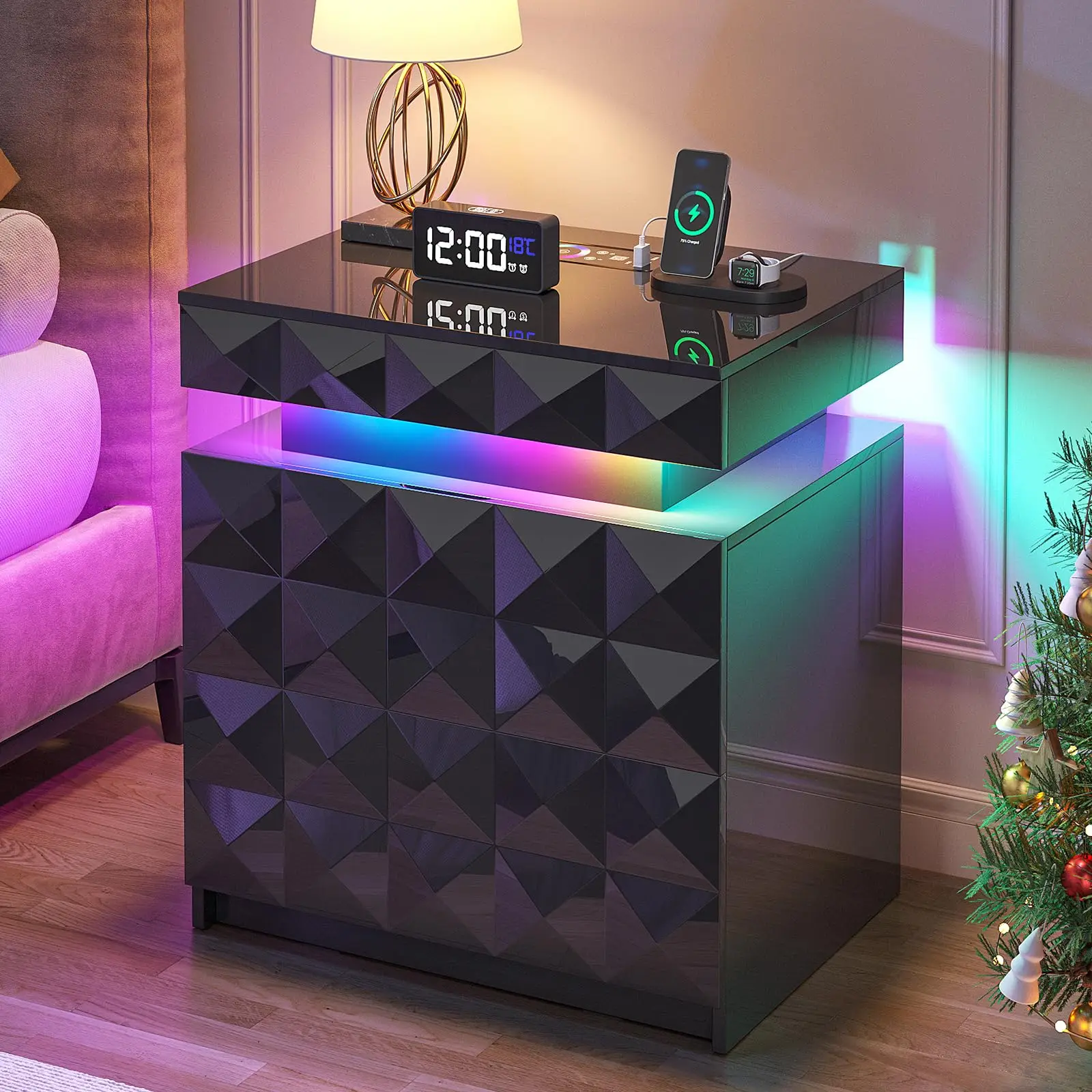 LED Night Stand with Charging Station, Lockable Hidden Drawer