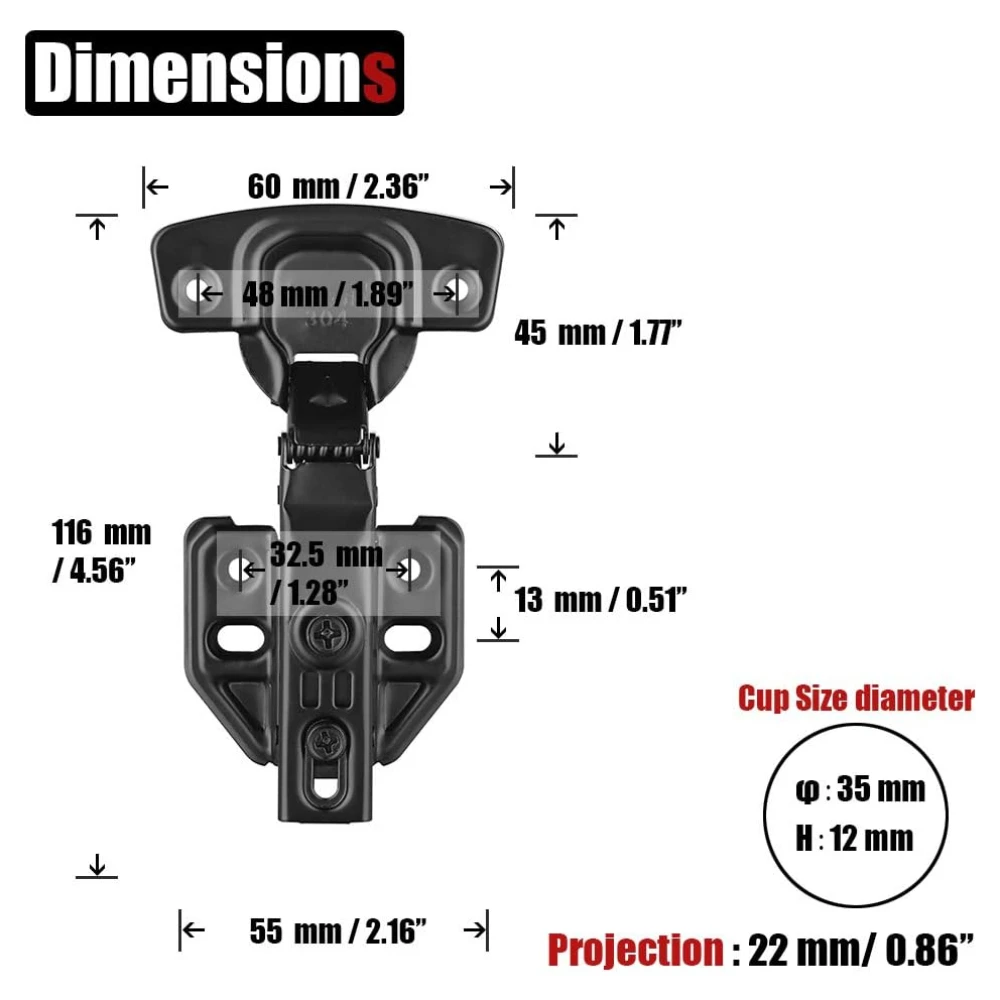4pcs Cabinet Hinges Black 100 Degree Soft Closing Full Overlay Door Hinge for Frameless Cabinets Stainless Steel Matte Black
