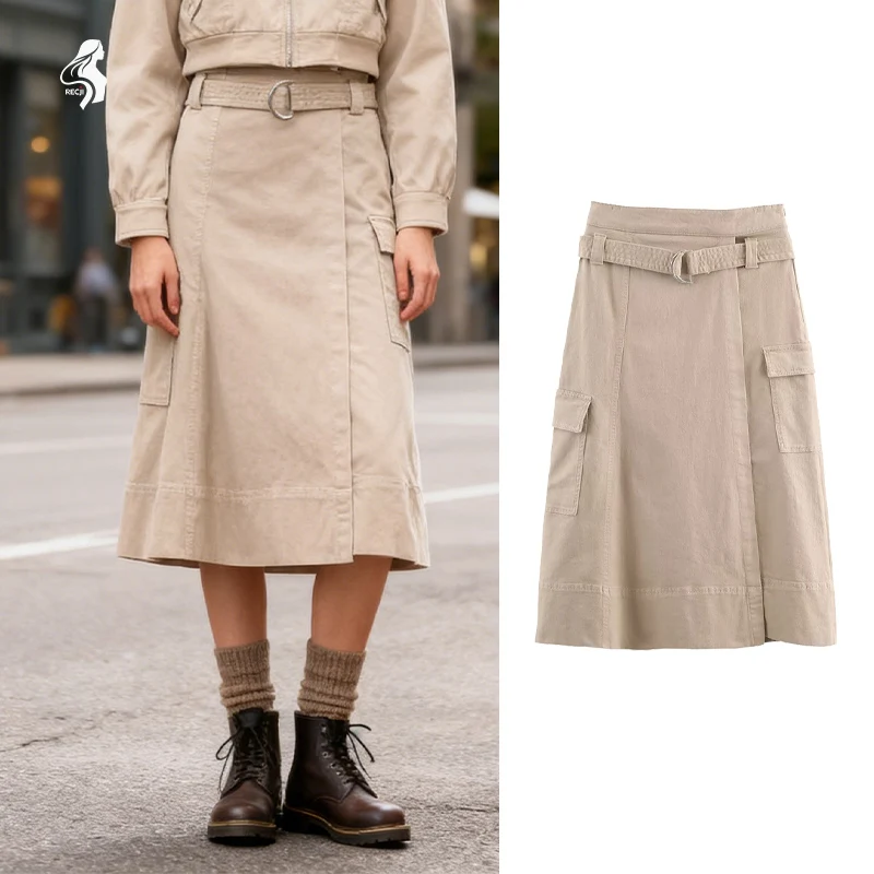 

Khaki Workwear Style Womens Midi Skirt With Belt And Multiple Pockets Fashionable Casual Slimming A Line Skirt Trafizaran