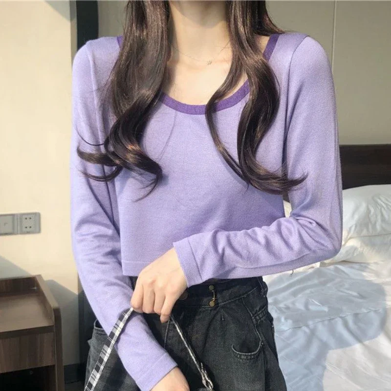 5 Colors Pullovers Women Panelled O-neck Baggy Sun-proof Casual Crop Korean Style Spring Inner Streetwear All-match Chic Knitted