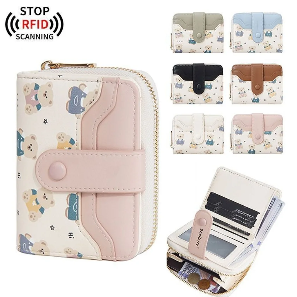 Women'S Bear Print Bifold Wallet Rfid Blocking Anti-Demagnetization Large Capacity Multi-Card Slot Zipper Purse For Daily Use