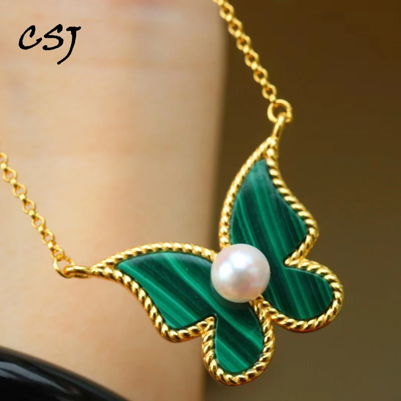 

CSJ Elegant Natural Malachite Butterfly Pendant Sterling 925 Silver Akoya Pearl Necklace Handmade Jewelry for Women Party Gift