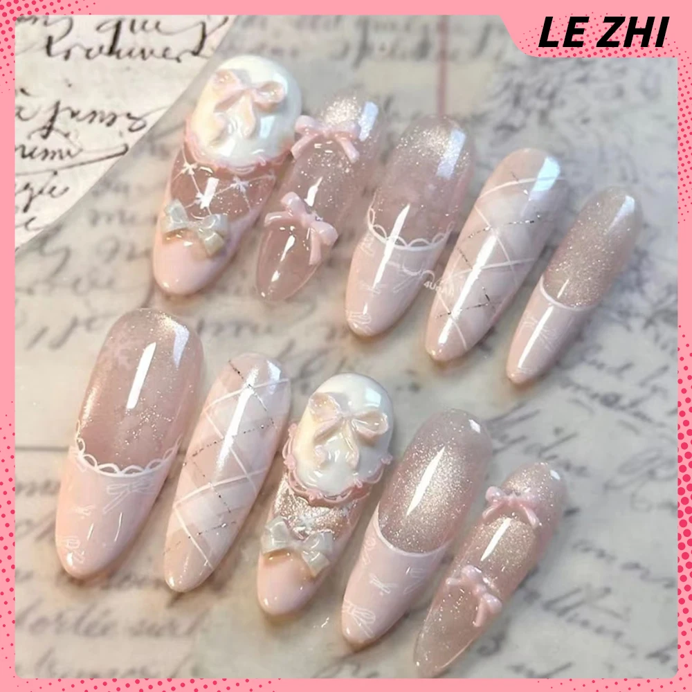 Gentle Sweet Lovely Handmade Long Coffin Ellipse French Full Cover Nail Flower Bowknot Star Cat Eyes Diamond Pearl Press On Nail