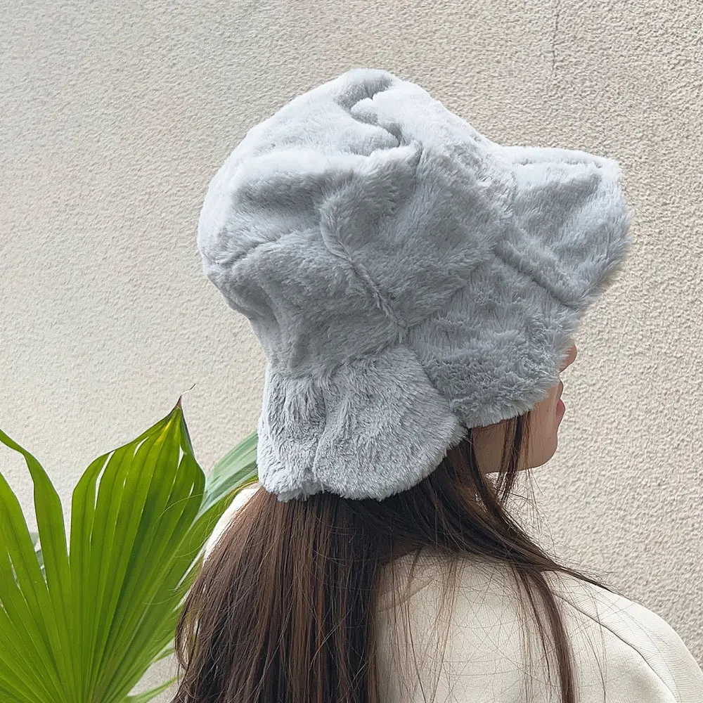 Soft Fluffy Ruffle Bucket Hat Plush Lotus Leaf Winter Warm Fisherman Hat Women Girls Winter Trend Outdoor Panama Casual Cap Hats