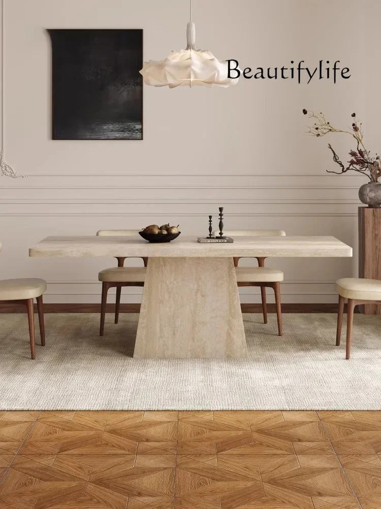 French retro travertine rock slab dining table hanging rectangular designer travertine dining table dining chair combination