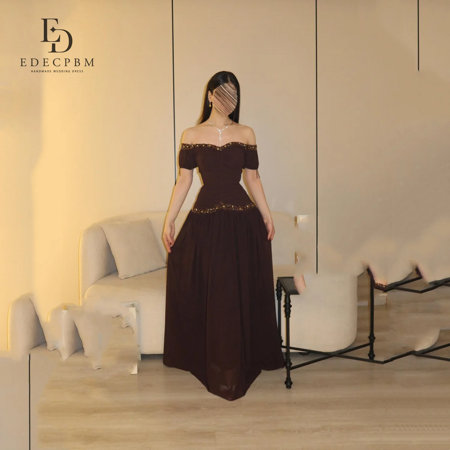 

EDECPBM A-line Luxurious Women's Evening Dresses for Special Occasions Off the Shoulders Customized Brown Prom Dress Chiffon