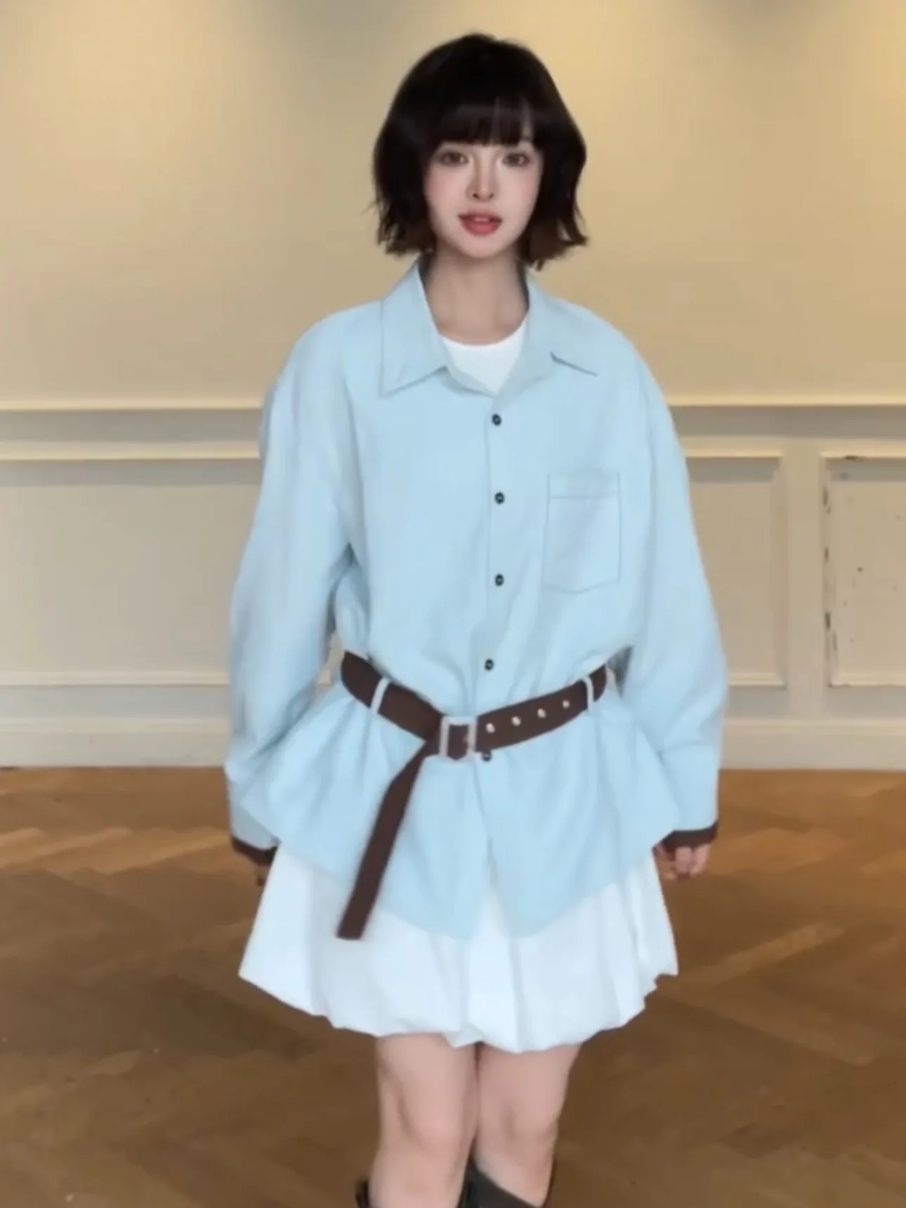 

Корейская женская верхняя одежда с длинным рукавом и воротником, весенне-осенняя, с поясом, с завышенной талией, для деловых поездок и повседневной носки