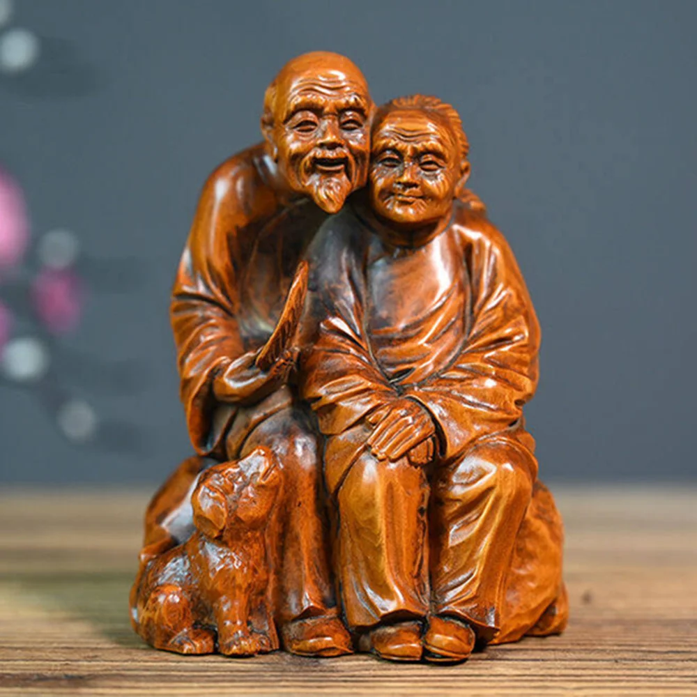 JW224 - 12CM Tall Sweet Old Couple Boxwood Sculpture People Figurine Decoration Craft Gift Miniatur Ornaments