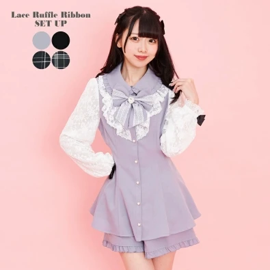 Dophee-Conjunto de dos piezas de estilo japonés para mujer, vestido camisero de manga larga con lazo elegante, Top de Lolita, pantalones cortos sueltos con volantes góticos, trajes informales