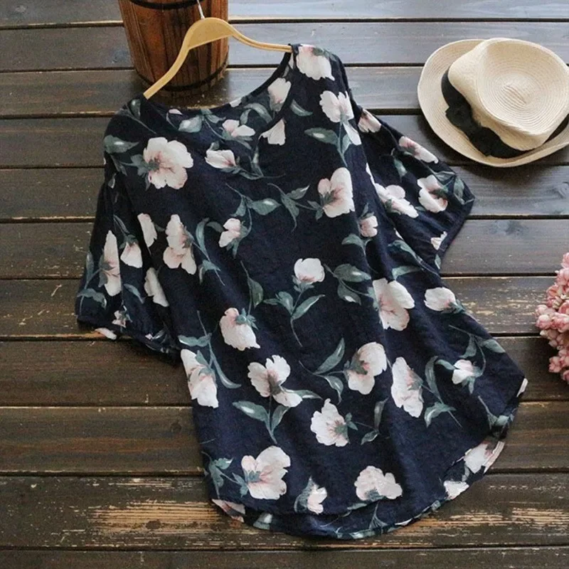 2024 Summer Fashion New Women's Shirt Ethnic Style Printed Cotton and Hemp V-neck Half Sleeve Casual Shirt Top