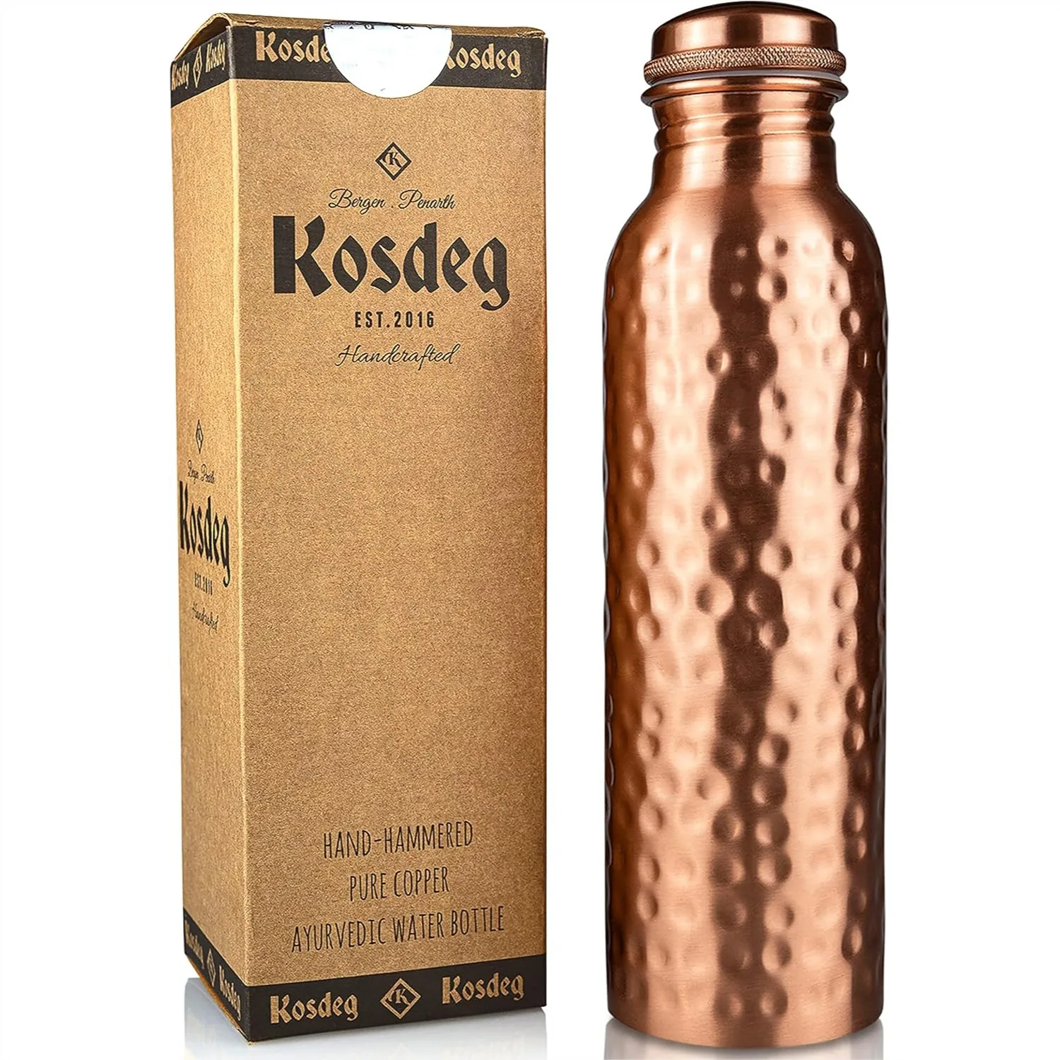 

Pure Copper Water Bottle 34 oz, Hammered Ayurvedic Vessel for Drinking, Durable Leak-Resistant Hydration