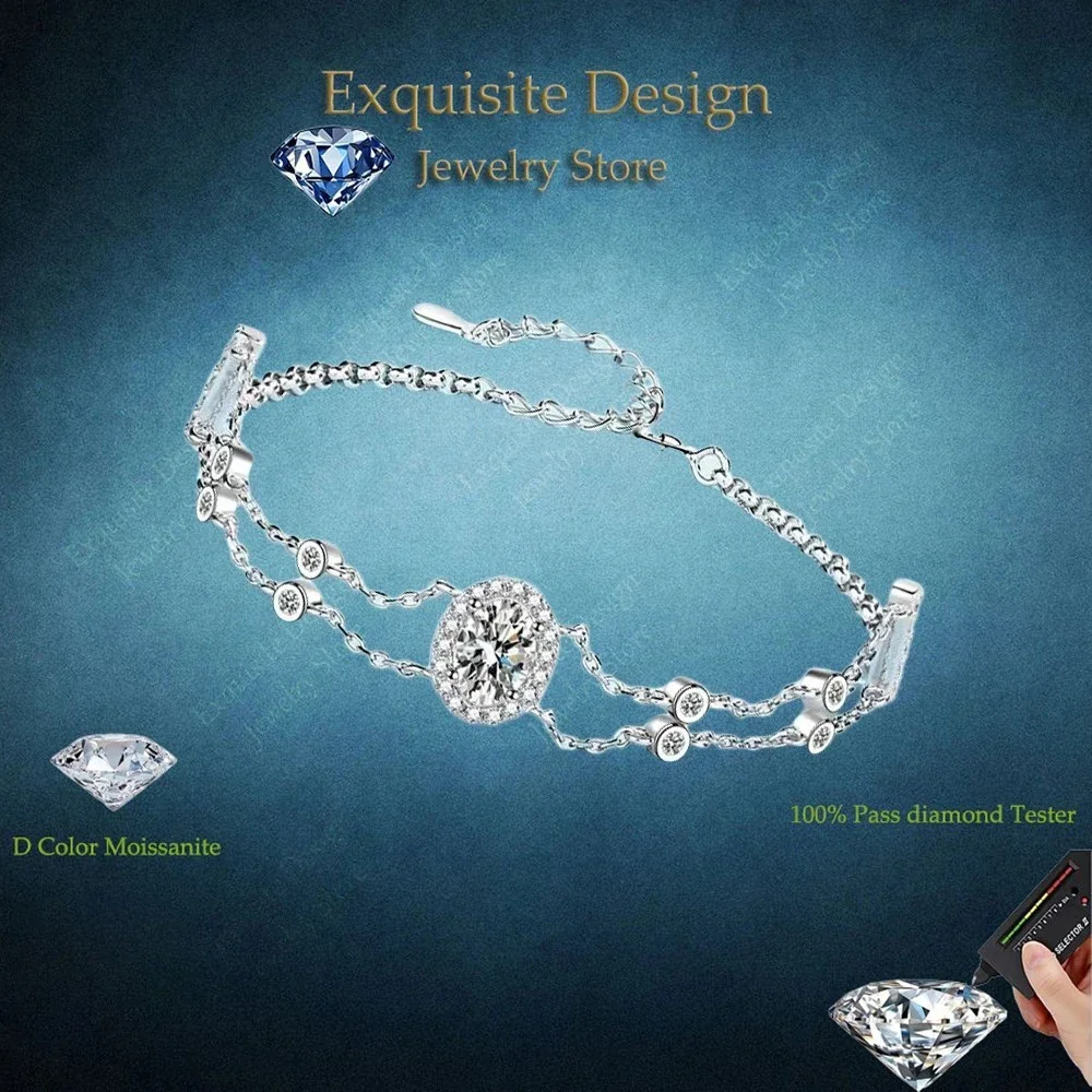 

Exquisite Design 1 Carat Moissanite Diamond Bracelets, Classic Platinum PT950 Women's Double Chain for Girlfriend Fine Jewelry