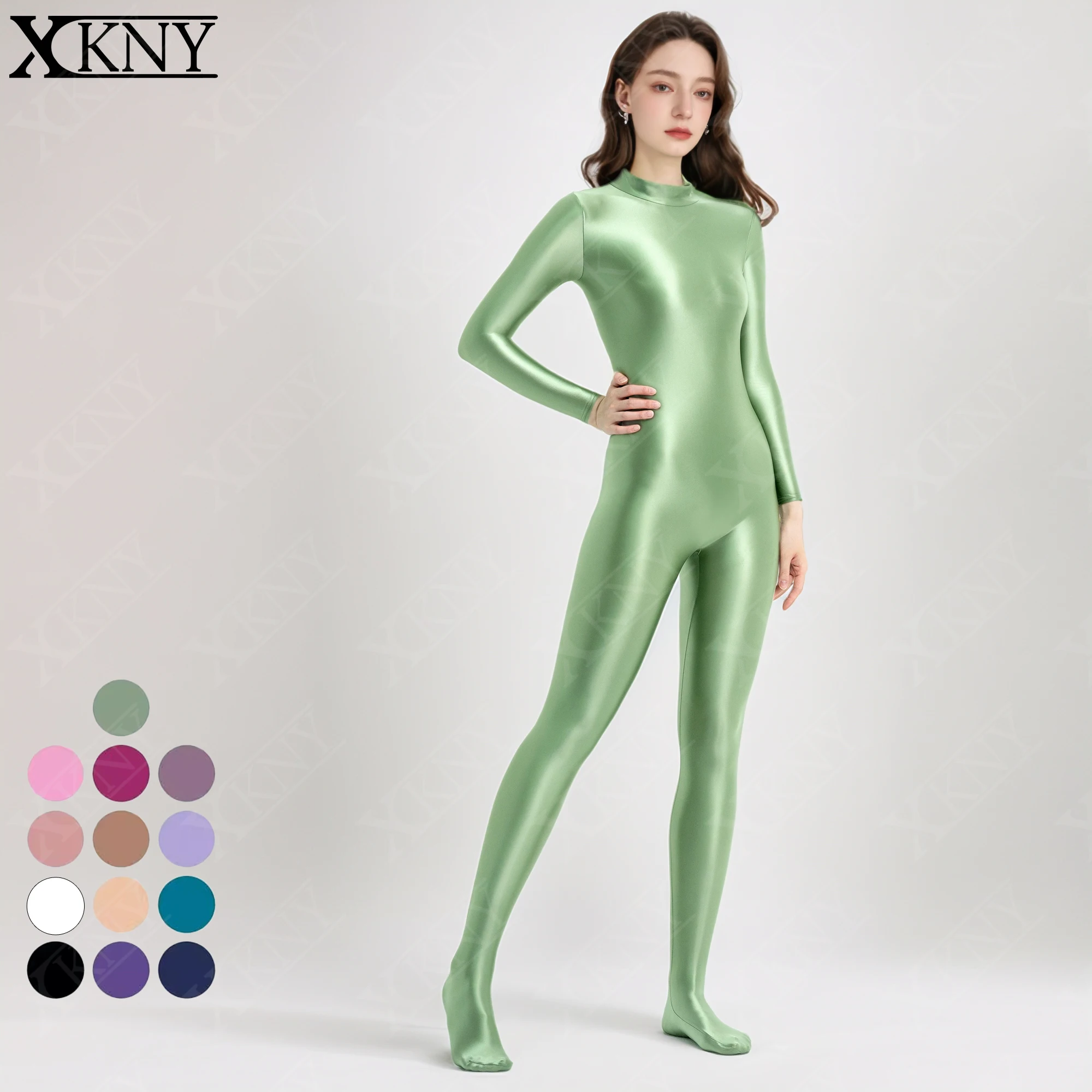 

XCKNY Satin Glossy bodysuit High Neck Long Sleeve jumpsuit Unisex full body zipper Leotard OIL BODYSUIT